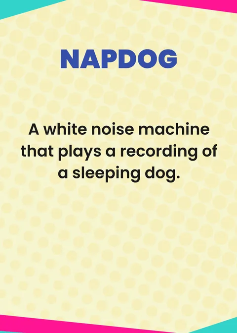 Advertiser card: NAPDOG. A white noise machine that plays a recording of a sleeping dog.